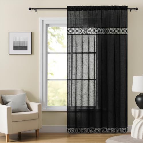 Gibelle Black Boho Bedroom Curtains 84 Inch Length, Farmhouse Linen Curtains for Living Room, Bohemian Country Window Curtain Panels Tassel Draperies, 56’’W x 84’’L - color: Black, size: 56"W x 84"L (Pack of 1)