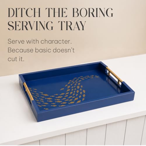 Serving Tray with Gold Fish Design, Navy by Death Decor - style: Navy Blue