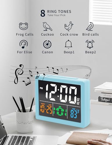 JALL Digital Clock with Date Day for Seniors, Electric Alarm Clocks for Bedrooms with Temperature, 2 Alarms, Dimmer, Dual USB Charger, Battery Backup, Volume Control, Snooze, Bedside Desk Clock, Blue - color: Blue