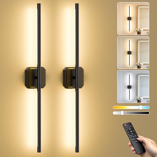 Battery Operated Wall Sconces Set of Two, Wireless Wall Lights Touch & Remote Control Rechargeable LED Wall Lamp 2700K-6000K Dimmable Lights for Living Room Bedroom Bathroom Hallway( 29 ", Black) - color: Black