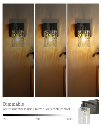 Hammered Glass Wireless Battery Operated Wall Sconces Set of Two Black | Dimmable Rechargeable Wall Lights with Remote Timer, Easy Install Lamp for Living Room Bedroom, Emergency 3000K - color: Black(Clear Hammered Lampshades)