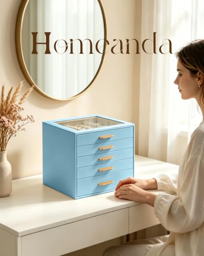 Homeanda Jewelry Boxes Organizer with Glass Lid, 5-Layer PU Leather, Blue - color: Smoky Blue, size: 5 Layer