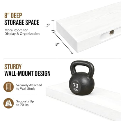 Floating Shelves Set of 2, 48 Inch Long 8" Deep, Heavy Duty Wood Wall Mounted Shelves for Bathroom Living Room Kitchen, Book Shelves with Thickened Hidden Bracket - White - color: White, size: 48'' x 8''x 2''(set of 2）