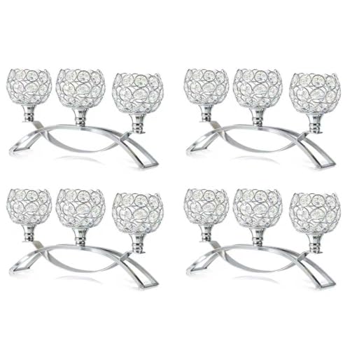 Crystal Tealight Candle Holder Centerpiece Home Decorative Candlestick Holder Elegant Table Centerpiece Home Decor Wedding Party Anniversary (Silver, 3 Arm of 4 Pcs) - color: Silver, size: 4 Pieces