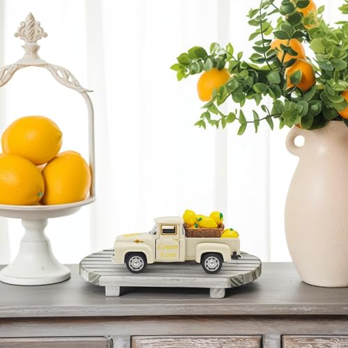 Lemon Decor - 4.9″Farmhouse Vintage Metal Truck with Mini Fake Lemons for Home Kitchen Table, Shelf, Party Decorations and Lemonade Stand Decor Summer Tiered Tray Decoration - color: Lemon-white