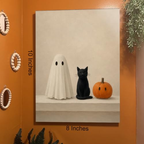 Halloween Wall Art Decor, Ghost Cat Pumpkin Canvas Print Framed - color: E