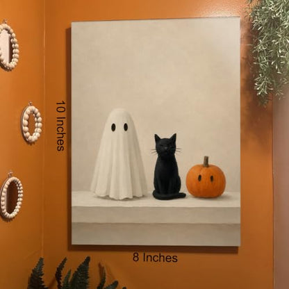 Halloween Wall Art Decor, Ghost Cat Pumpkin Canvas Print Framed - color: E