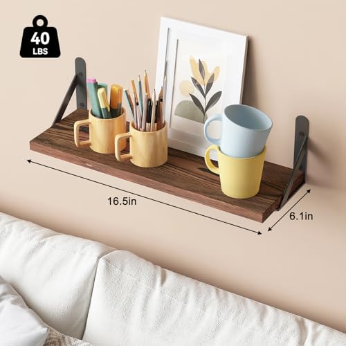 YGEOMER 16.5 Inch Floating Wall Shelves, Dark Carbonized Pine, Set of 6 - color: Dark Carbonized Pine, size: 16.5 x 6.1 x 0.59 inches