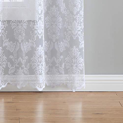 LinenZone 63 Inch Sheer White Lace Curtains. (Fiona, 54 x 63 White) - color: White, size: 54"W x 63"L (Pack of 2)