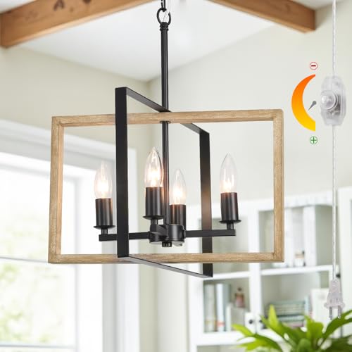 DIMMABLE Plug in Chandelier 4-Light with 19.68ft Long Cord, Wood Hanging Lights Dimmer Switch, Plug in Pendant Light Fixture Farmhouse Rustic Chandelier for Bedroom Living Dining Room Kitchen Gazebo - color: Black&Wood