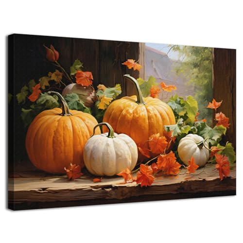 Fall Pumpkin Canvas Wall Art Autumn Themed Maple Leaf Pictures Halloween Kitchen Wall Decor Rustic Farmhouse Thanksgiving Prints Framed Modern Artwork for Living Room Bedroom Home Decorations 12x16 - color: pumpkin, size: 16"L x 12"W