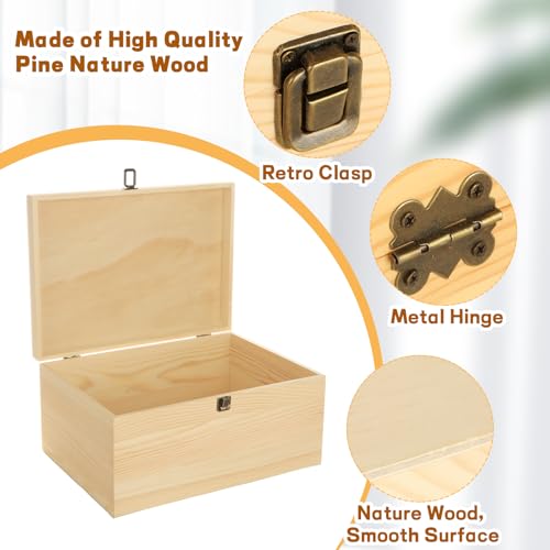 YAYODS Wooden Box with Hinged Lid, 13.7 x 9.8 x 6.7 Inch Large Wood Storage Box, Unfinished Wooden Keepsake Box for Crafts Art and DIY Hobbies, Jewelry, and Home Storage