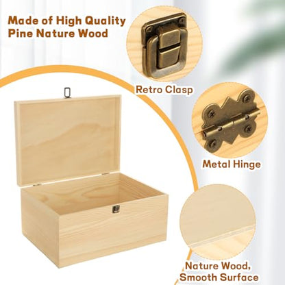 YAYODS Wooden Box with Hinged Lid, 13.7 x 9.8 x 6.7 Inch Large Wood Storage Box, Unfinished Wooden Keepsake Box for Crafts Art and DIY Hobbies, Jewelry, and Home Storage