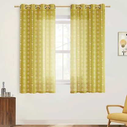 Mustard Yellow Boho Curtains, Retro Pattern Mid Century Modern Curtains for Bedroom Living Room Kitchen 63 Inch Length - color: Mustard Yellow ( in the Sunlight ), size: 52"W x 63"L (Pack of 2)