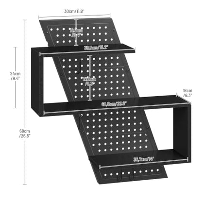 S-Shaped Gaming Floating Shelf with LED Light Strip, 3 Tier Wall Floating Shelf with Pegboard & 4 Removable Hooks, for Bedroom, Game Room, Living Room, Study, Black 999BKSDBJ180 - color: Black