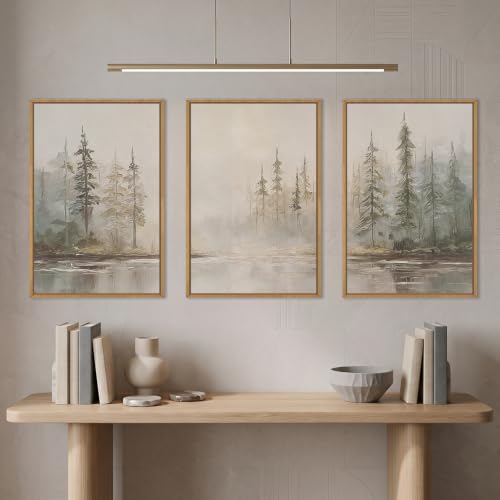 HPNIUB Large Neutral Misty Pine Tree Framed Canvas Wall Art Set -24"x36"x3 - color: Retro Forest Wall Art, size: 24"L x 36"W