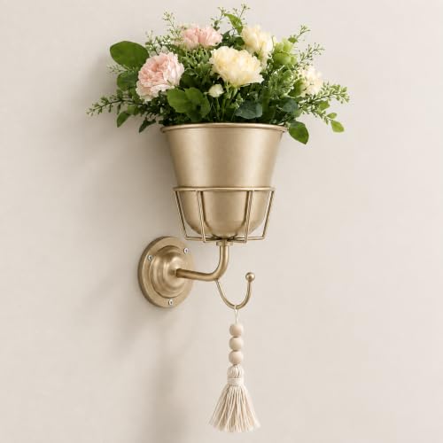 Gold Metal Wall Mounted Flower Vase for Faux & Fresh-Cut Flowers