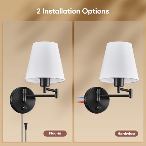 VONLUCE Wall Sconce Set of 2, Plug in & Swing Arm Wall Lamps, Black Finish - color: Black, size: 2 Pack
