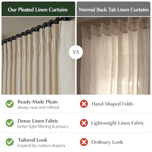 Semi Sheer Pinch Pleated Linen Curtains for Living Room 102 Inches, Cream - color: Cream, size: 40"W x 102"L (Pack of 2)