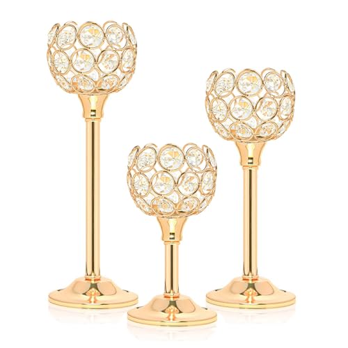 Crystal Metal Tealight Candlestick, Bling Bowl Candelabras, Tall Crystal Votive Candle Holders Elegant Crystal Candle Centerpiece for Dining Table Wedding Decor (Set of 3, Gold) - color: Gold