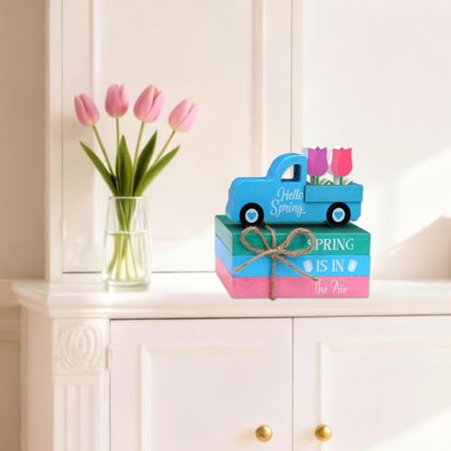 Pcs Spring Wooden Table Sign Hello Spring Table Centerpiece Hello Spring Truck Books Flowers Farmhouse Faux Book Stack Pastel Tulip Tiered Tray Block Decor for Home Holiday Decoration - style: Hello Spring Tulip