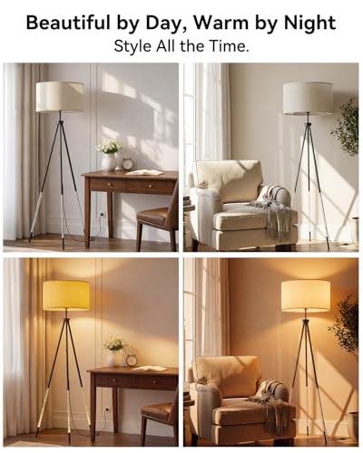 JOOFO Modern Metal Tripod Floor Lamp with Remote, 16.5" Linen Shade - color: Brushed Black