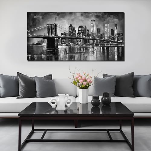 MDHKVPM Brooklyn Bridge Canvas Wall Art For Living Room Large Size - color: Black and White, size: 58"L x 29"W