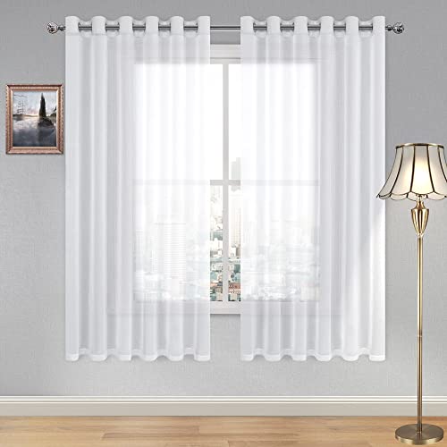 DWCN White Faux Linen Sheer Curtains - Grommet Voile Window Curtains Drapes for Bedroom Living Room 70 x 63 inch Length, Set of 2 - color: White, size: 70"W x 63"L (Pack of 2)