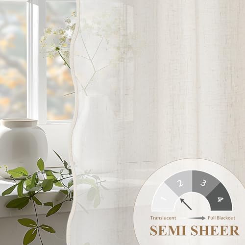 DriftAway Semi Sheer Scalloped Edge Linen Coastal Beach Window Curtains for Living Room Bedroom 2 Panels Rod Pocket Each Size 52 Inch by 72 Inch Taupe - color: Linen Taupe, size: 52"W x 72"L (Pack of 2)