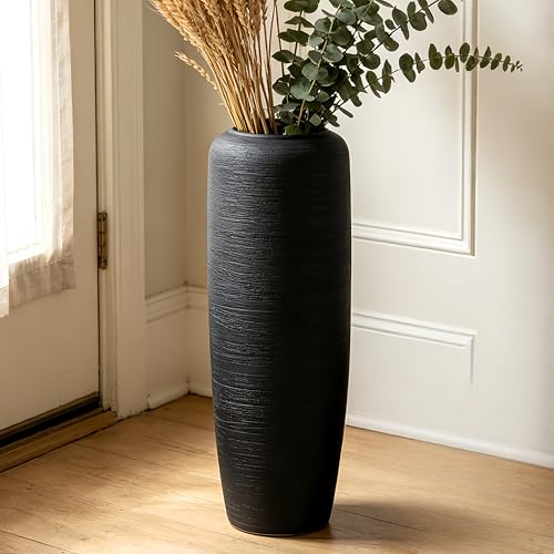 Black Rustic Ceramic Floor Vase, 24 Inch, Ribbed Texture - size: 23.6 Inch
