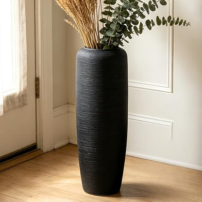 Black Rustic Ceramic Floor Vase, 24 Inch, Ribbed Texture - size: 23.6 Inch