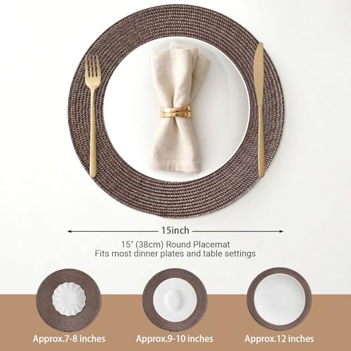 FunWheat Round Braided Placemats Set of 4 Table Mats for Dining Tables Woven Washable Non-Slip Place mats 15inch (Brown, 4pcs) - color: Brown, size: Set of 4