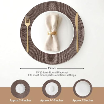 FunWheat Round Braided Placemats Set of 8 Place Mats for Dining Table Woven Washable Non-Slip Table Mats 15 Inch(Brown,8pcs) - color: Brown, size: Set of 8