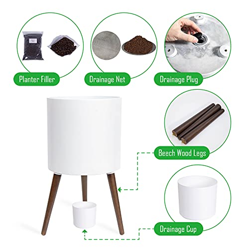 D'vine Dev 14 Inch Planter Pot with Wood Stand, White, 88-O-D-1 - color: Matte White, size: X-Large