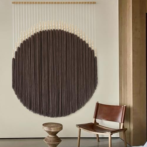 Macrame Wall Hanging Brown Geometric Art Beaded HandmadeTassel 39"W*45"L | Boho Wall Art, Handmade Wall Hanging, Modern Decor, Dorm Room Style, Living Room Accent, Office Decoration, Round Wall Art - color: Light coffee