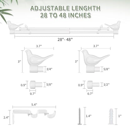 3/4" Diameter Farmhouse Double Window Treatment Curtain Rod, Bird Finials (28"-48", Glossy White) - color: Glossy White, size: 28"-48"