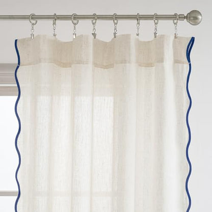 DriftAway Semi Sheer Scalloped Edge Linen Coastal Beach Window Curtains for Living Room Bedroom 2 Panels Rod Pocket Each Size 52 Inch by 90 Inch Navy - color: Linen Navy, size: 52"W x 90"L (Pack of 2)