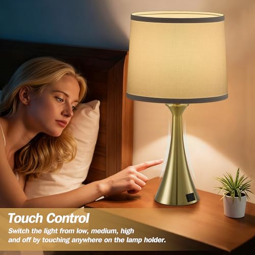 Touch Table Lamps Set of 2, 21" Bedside Lamps with USB C+A - color: Gold & White Shade