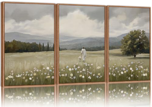 SIGNINART Jesus and Lamb Framed Canvas Wall Art, Vintage Religious Wall Decor, Christian Good Shepherd Artwork, Wildflower Meadow Landscape Art Paintings for Living Room Bedroom Office 16"x24"x3 - color: Jesus and Lamb, size: 24"L x 16"W