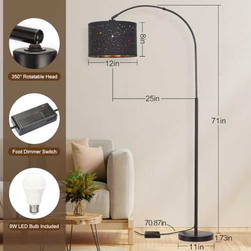 Dimmable Floor Lamp, Arc Floor Lamp with Adjustable Star Shade, Black - color: Black Base with Stars Shade