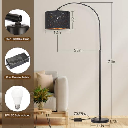 Dimmable Floor Lamp, Arc Floor Lamp with Adjustable Star Shade, Black - color: Black Base with Stars Shade