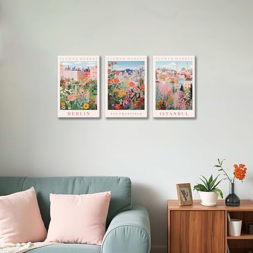 XLARTMY Flower Market Wall Art Prints Canvas Orange and Pink Floral Paintings Colorful Botanical Travel Flower Posters for Home Decor Pictures Set of 3 for Living Room Bedroom 16x24in Unframed - color: Flower Market ORange-2, size: 16x24in Canvas