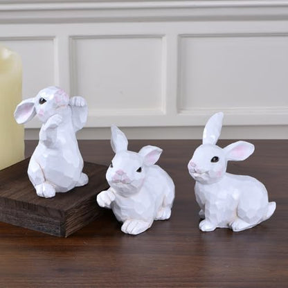 Easter Bunny Figurines, 3PCS White Resin Rabbit Decor with Hand-Carved Texture, Cute Easter Bunnies Collectables for Home Spring Tabletop Centerpiece, Tiered Tray, Shelf (White)