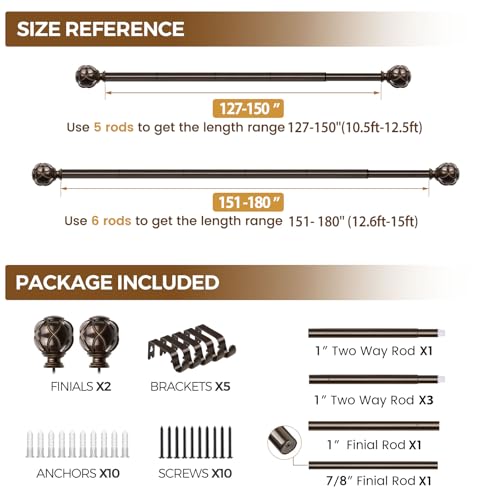 KAMANINA 1 Inch Curtain Rod 140 to 180 Inch, Extra Long Heavy Duty, Bronze - color: Antique Bronze, size: 140-180"