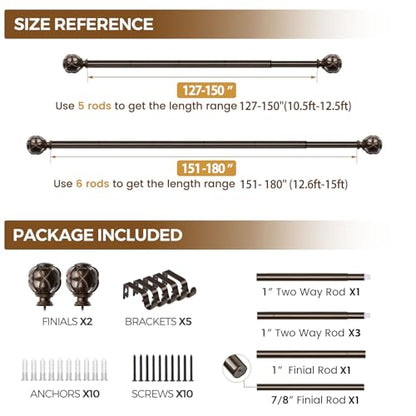 KAMANINA 1 Inch Curtain Rod 140 to 180 Inch, Extra Long Heavy Duty, Bronze - color: Antique Bronze, size: 140-180"