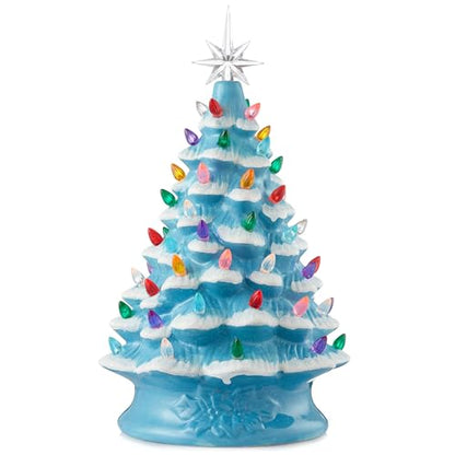 Casafield Hand Painted Ceramic Christmas Tree, Blue Snow Flocked 15-Inch Pre-Lit Tree with 128 Multi Color Lights and 2 Star Toppers - color: Blue Snow Flocked