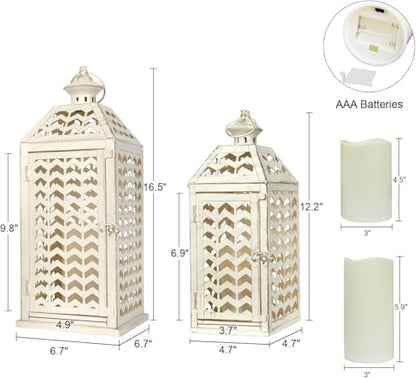 LED 랜턴 장식 실내 및 실외, 2개 세트 (45.7cm(18피트) 및 3m(13피트) 금속 캔들 랜턴, 현관, 파티오, 결혼식, 농가 집, 크리스마스 장식용 빈티지 벽걸이 캔들 홀더 - color: Begie With Golden Brush / 45.7cm(18인치)+33cm(1
