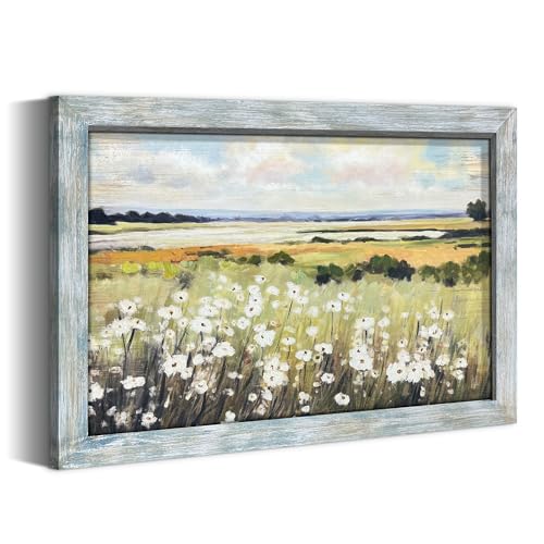 summer melody Landscape Floral Scenery Framed Wood Wall Art 36x24 Inch - color: Green, size: 36"L x 24"W