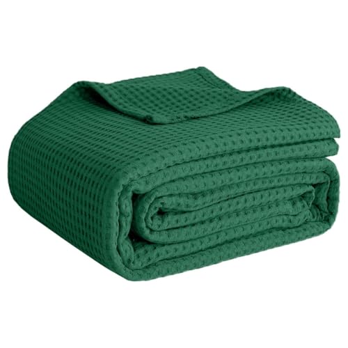 100% Cotton Blankets for Bed - Waffle Weave Blankets for Summer, Lightweight and Breathable Soft Woven Blanket for Spring (Dark Green, Throw (50" x 60")) - color: Dark Green, size: Throw (50" x 60")