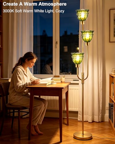 Green Glass Floor Lamp 66IN 3-Light Modern Gold Dimmable Tree Floor Lamps - color: Green Lace-Gold